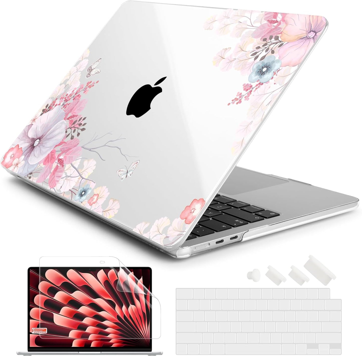Batianda Premium Case for New MacBook Air 15 inch 2025 2024 2023 with M4 M3 M2 Chip, Designed Protective Plastic Hardshell & Keyboard Cover & Screen Protector, Lovely Flower