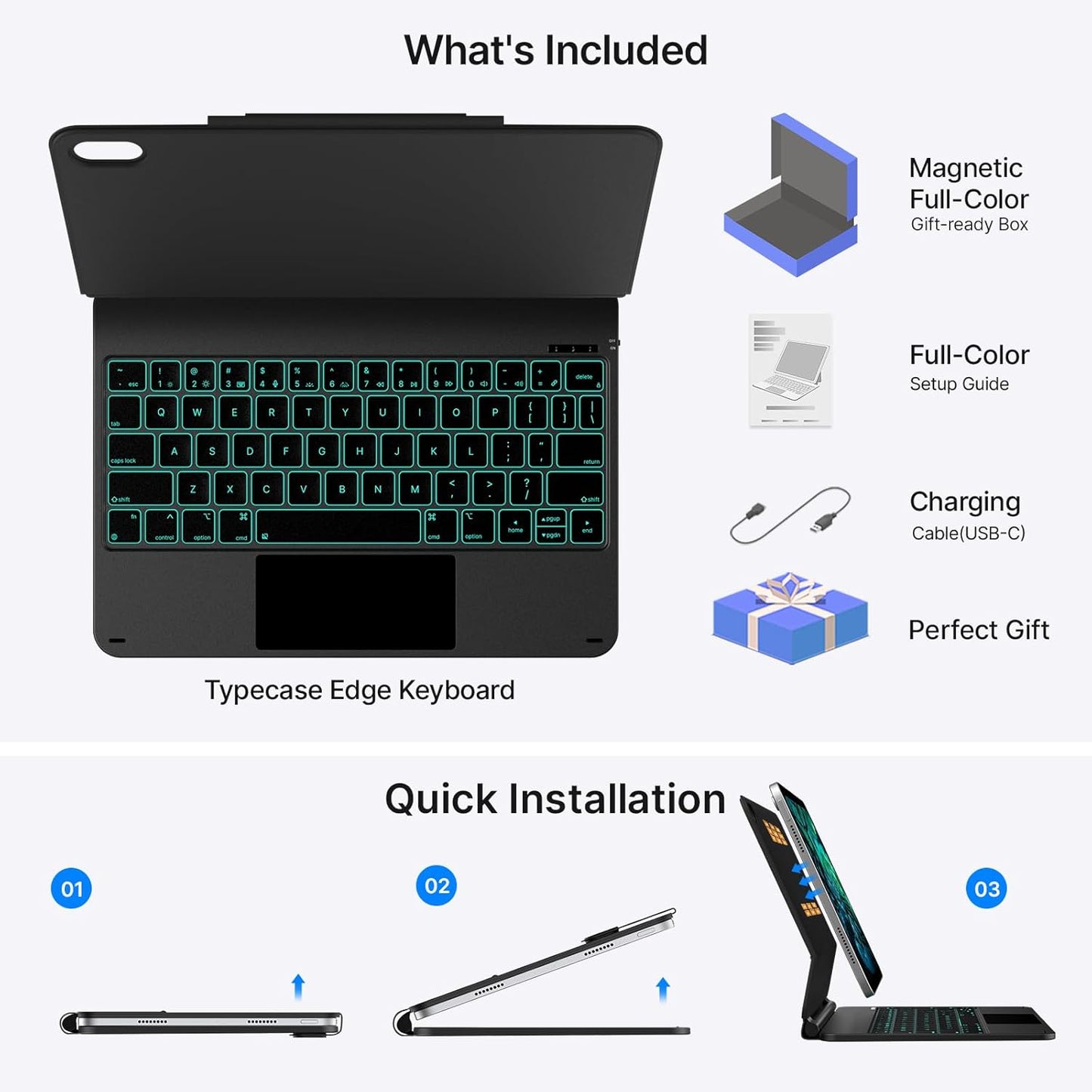 typecase Edge Keyboard Case for iPad 10th Generation 10.9" (2022) – Magnetic Keyboard Case with Multi-Touch Trackpad, 11 Colors Backlight, Pencil Holder, Slim & Lightweight - Dark Black