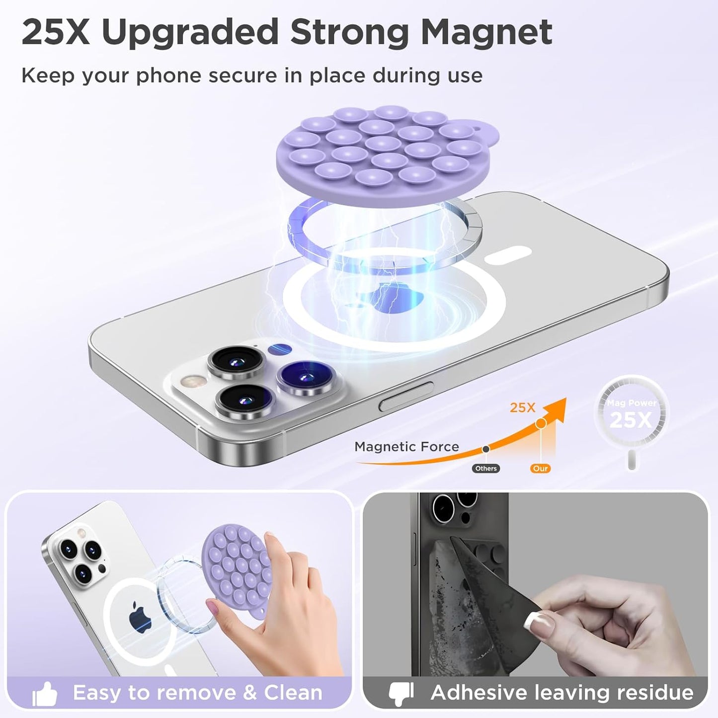 Magnetic Suction Cup Phone Mount for MagSafe Case, Silicone Hands-Free Grip Holder for iPhone and Android, Mirror Shower Phone Stand for Makeup FaceTime Gym Kitchen Bathroom, Lilac Purple