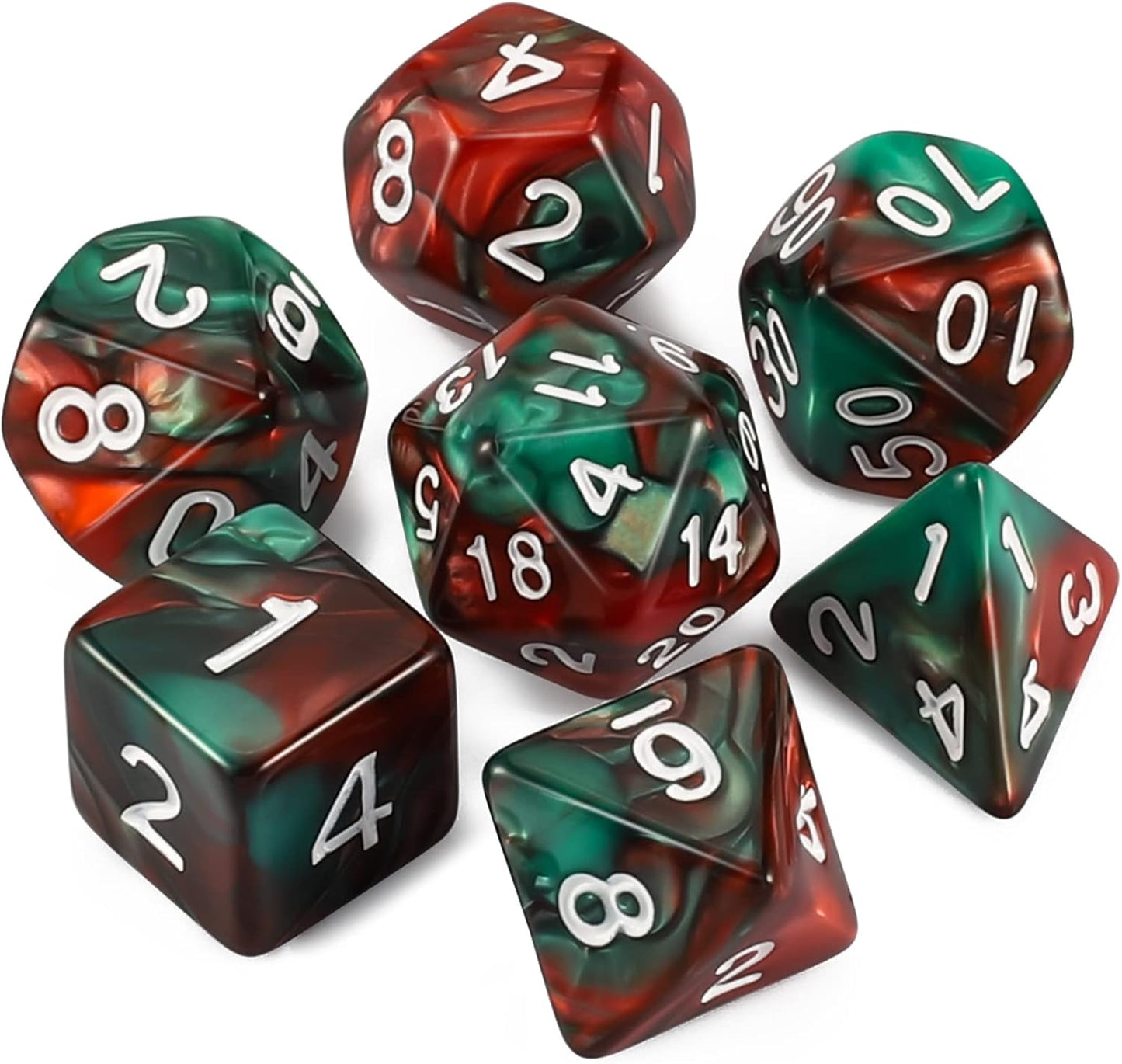 QMAY DND Dice Set - Polyhedral Dice (Red Mix Green) 7 Pcs for Dungeon and Dragons D&D RPG Role Playing Games Dice with Dice Bag