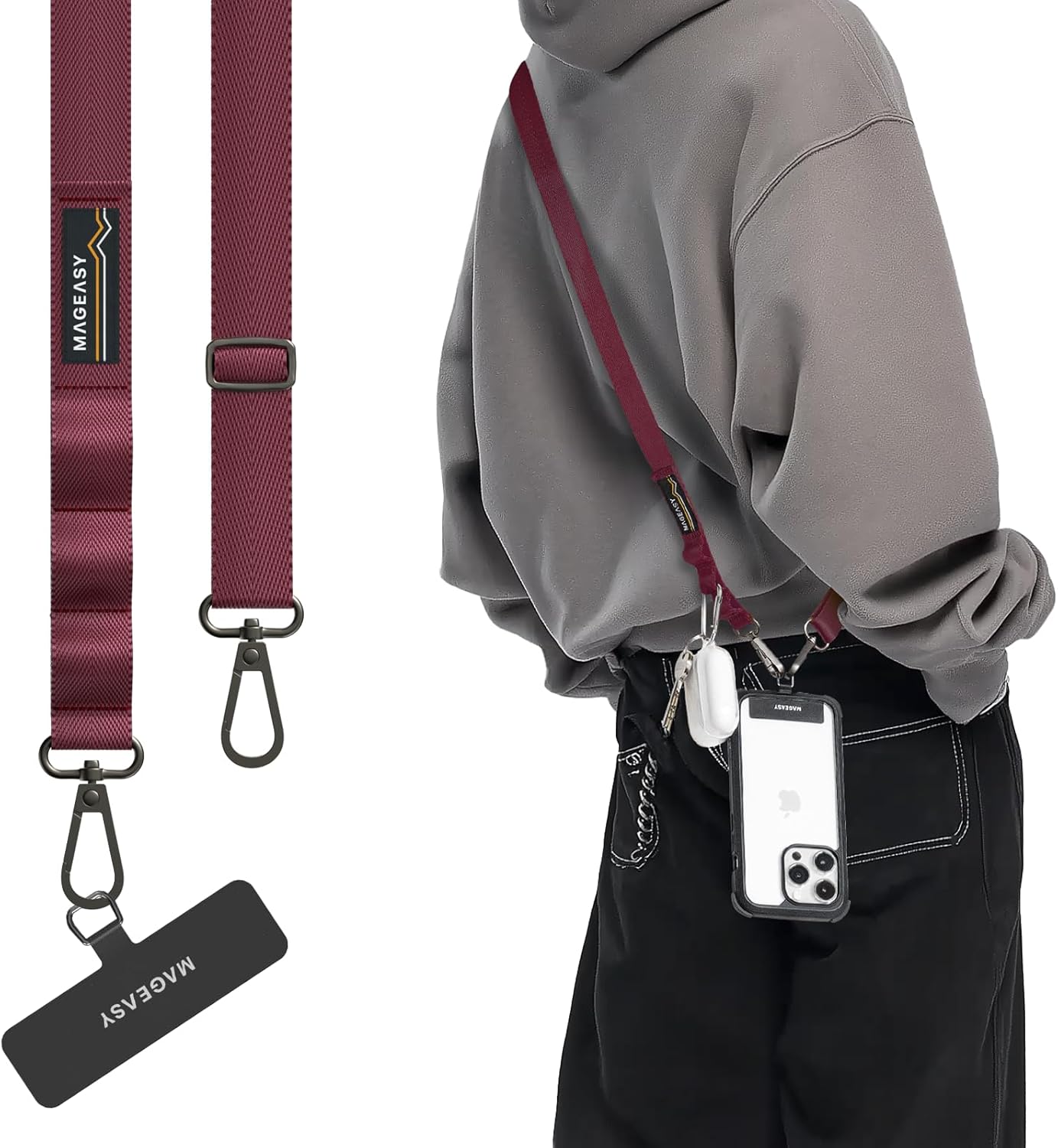 MAGEASY Universal Cell Phone Lanyard Crossbody - Anti-Theft Crossbody Phone Strap for iPhone 16 Pro Max & Most Smartphones, for Men & Women | 20mm (Burgundy)