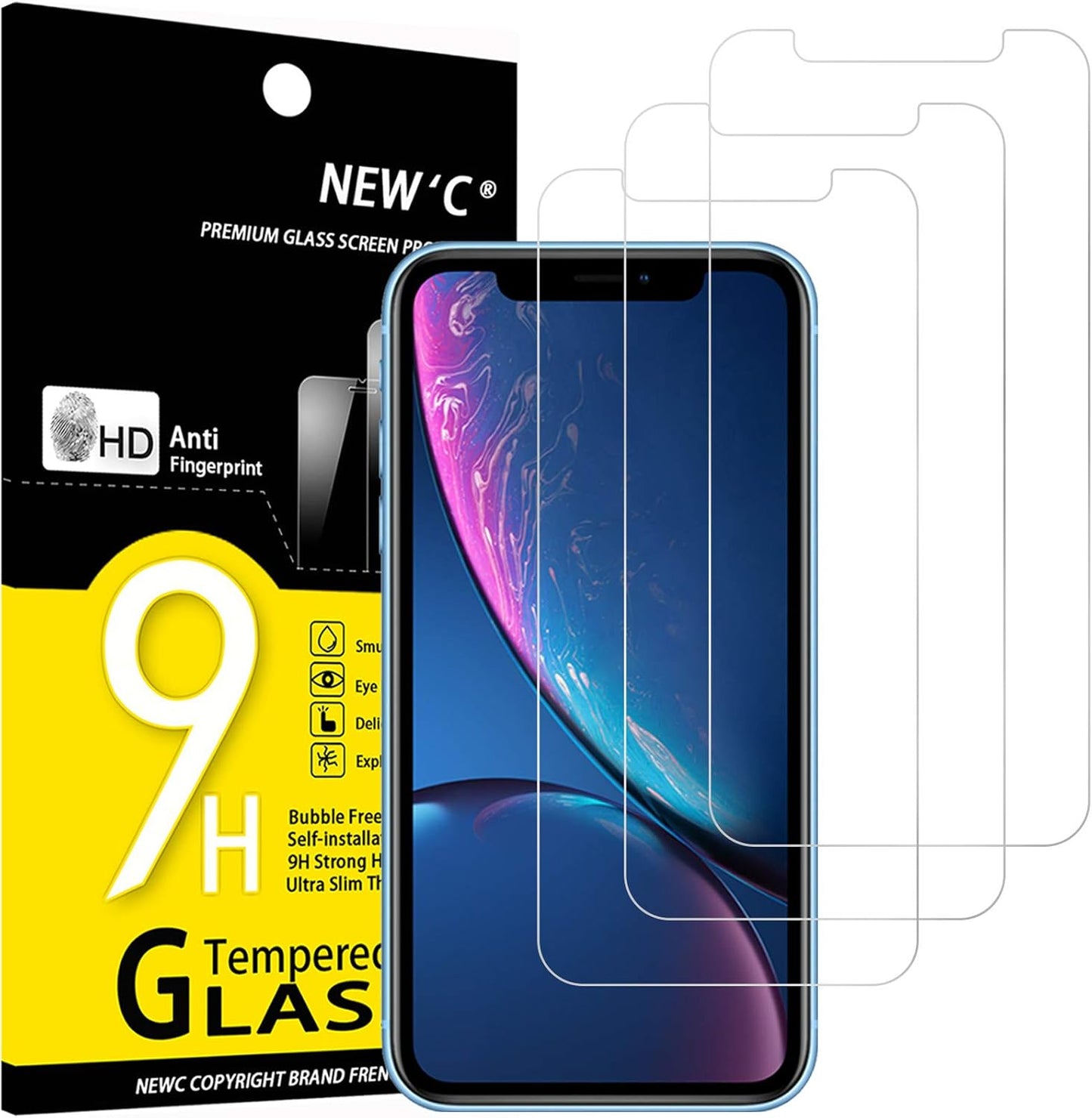NEW'C 3 Pack Designed for iPhone 11 and iPhone XR Screen Protector (6.1"), Enhanced Tempered Glass Protection, Case Friendly Anti Scratch Bubble Free Ultra Resistant