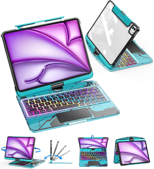 SIEBITU Clear Wireless Keyboard Case for iPad Air 13-inch (M3 2025/M2 2024) & iPad Pro 12.9-inch 6th 5th 4th 3rd Gen with Pencil Holder, Multi-Touch Trackpad & 7-Color Backlit, 360°Rotating, Blue