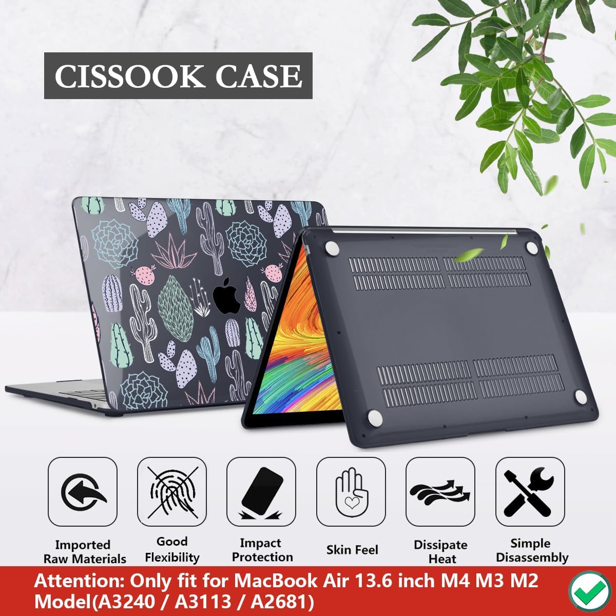 CISSOOK Laptop Hard Shell Case for MacBook Air 13.6 Inch Case 2025 2024 2022 Release Model A3240 A3113 A2681 Cute Cacti Shell with Keyboard Cover for MacBook Air 13-inch M4 M3 M2 Chip, Cactus
