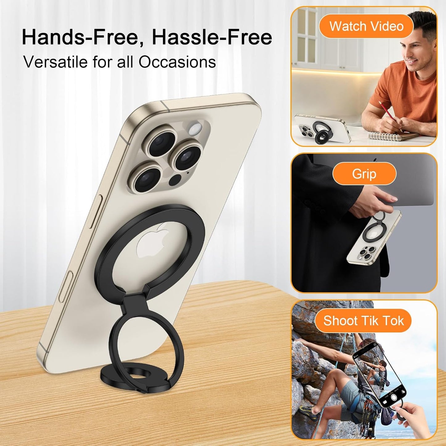 3-Fold Magnetic Phone Ring Holder, Double-Sided MagSafe Phone Grip & Stand, 360° Rotatable Kickstand for iPhone 16/15 Pro Max,14/13/12 Series,for Magnetic Car Mount, with Metal Ring for All Phones