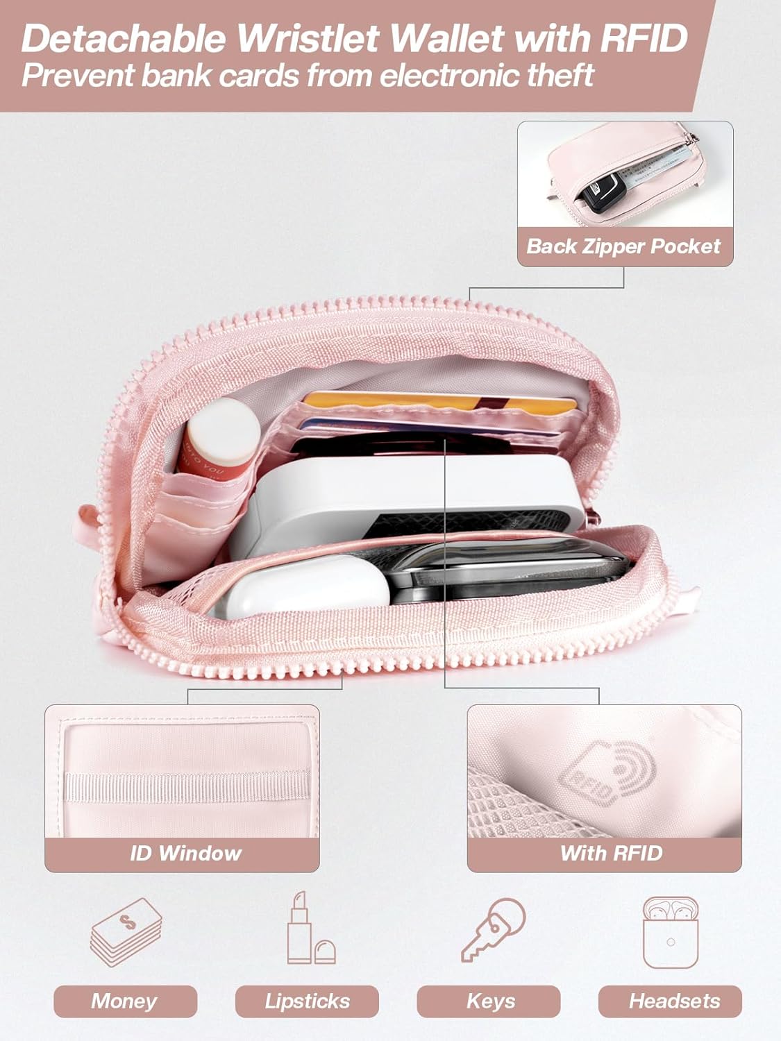 Clip and Go Strap for Phone with Wallet Crossbody Phone Lanyard Adjustable and Detachable RFID Wristlet Wallet with ID Window and Zipper, Pink