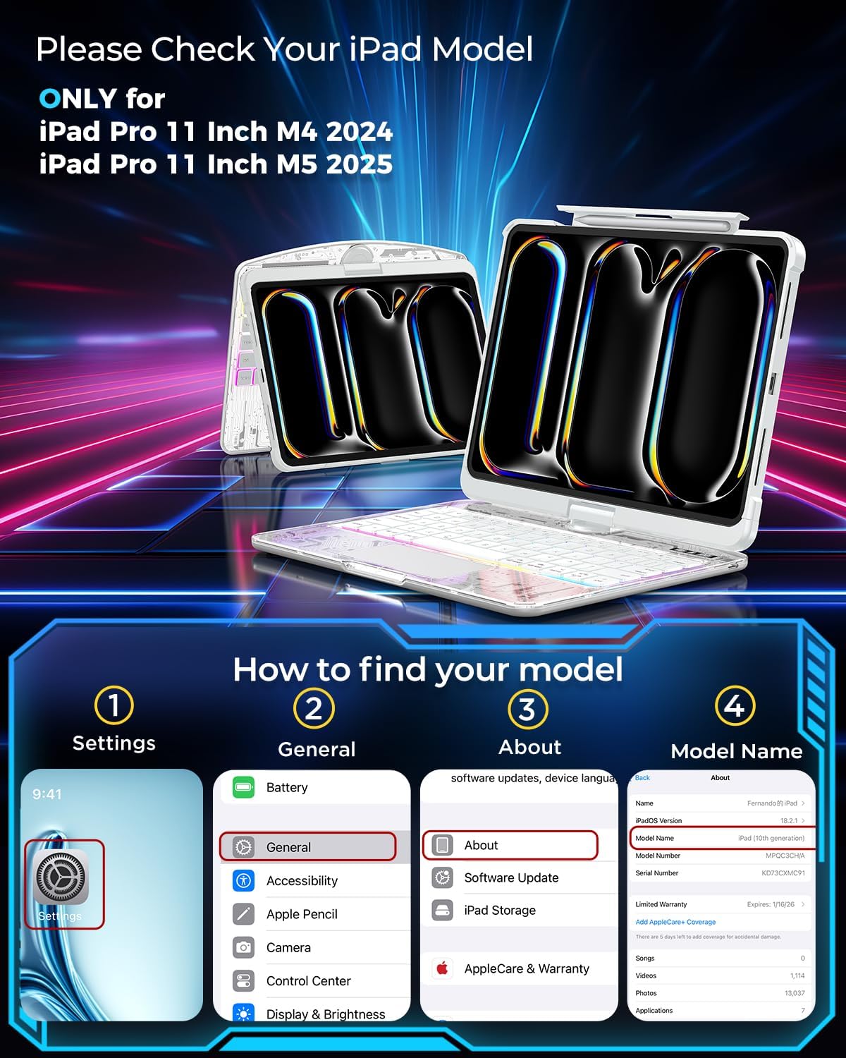 SIBEITU Keyboard Case for iPad Pro 11 Inch (M5 2025 / M4 2024), 360 Rotatable iPad Pro 11 Clear Cover with Multi-Touch Trackpad, 7-Color Backlight & 3 Brightness, High-Tech Visible PCB Design, White