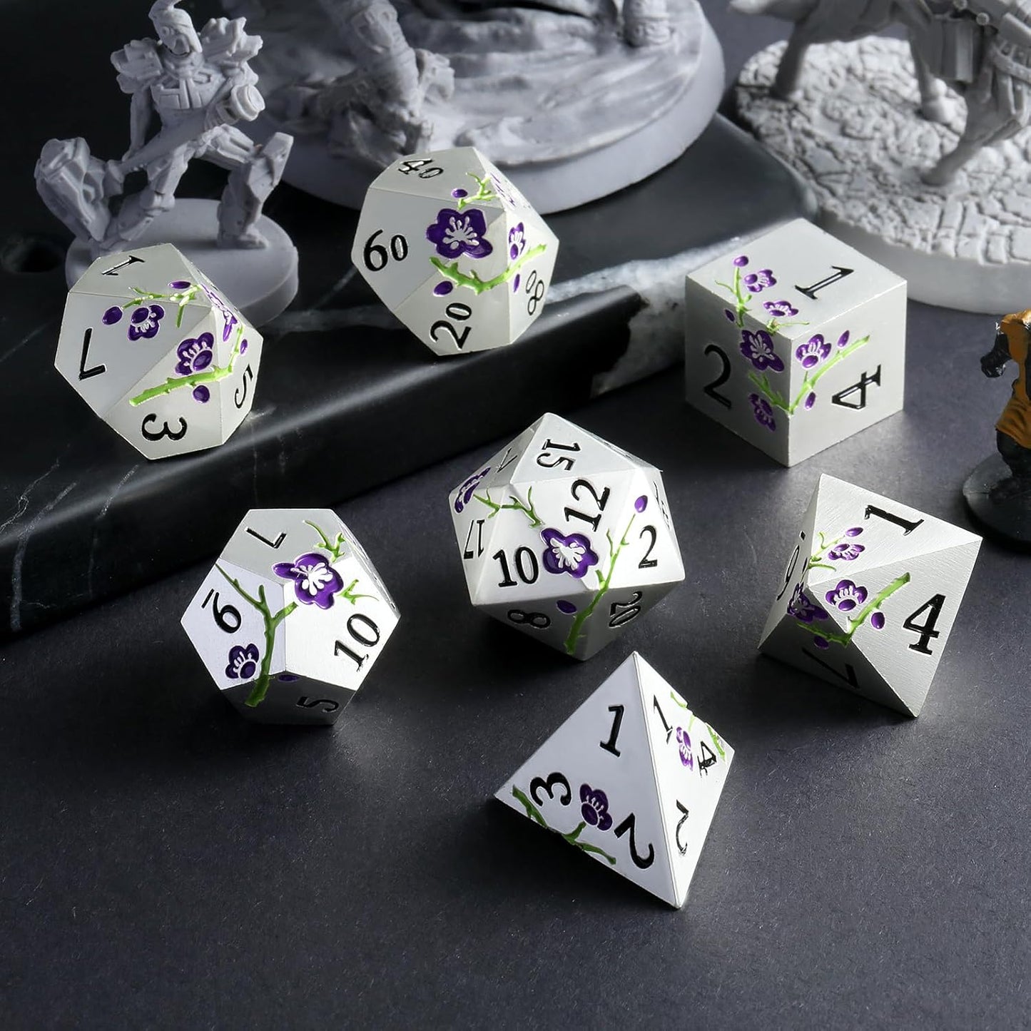 Flower Silver Metal Dice, DNDND 7 PCS Heavy Metallic D&D Dice Set with Gorgeous Gift Case for Dungeons and Dragon Tabletop Game (Matte Silver with Purple Flower)