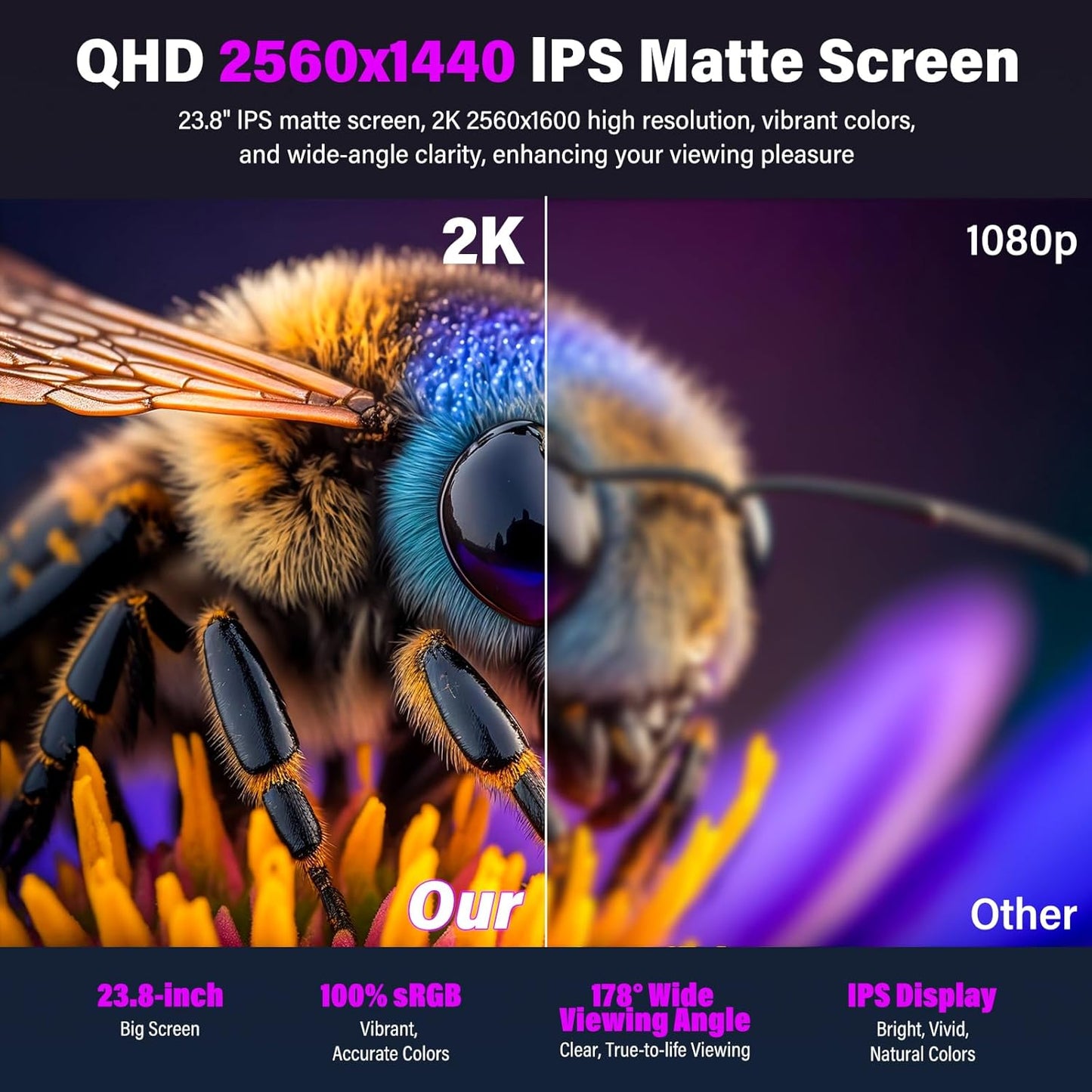 2K 180Hz Portable Gaming Monitor, 23.8" 2560x1440 QHD Fast IPS ∆E<2 100% sRGB Portable Monitor w/180° Adjustable Stand Type-C HDMI Eye Care External Second Screen for Laptop Phone PS4 PS5 Switch Xbox