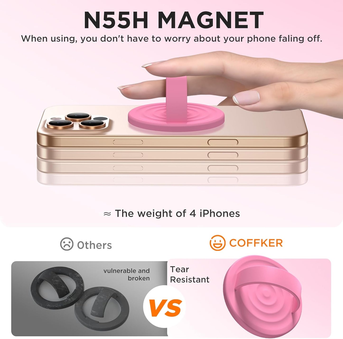 Magnetic Phone Ring Grip Holder, Silicone Finger Loop Grip, Compatible with MasSafe, Back of Phone for iPhone Pro Max/Plus/16/15/15/14/13/12 Series, Tender Pink
