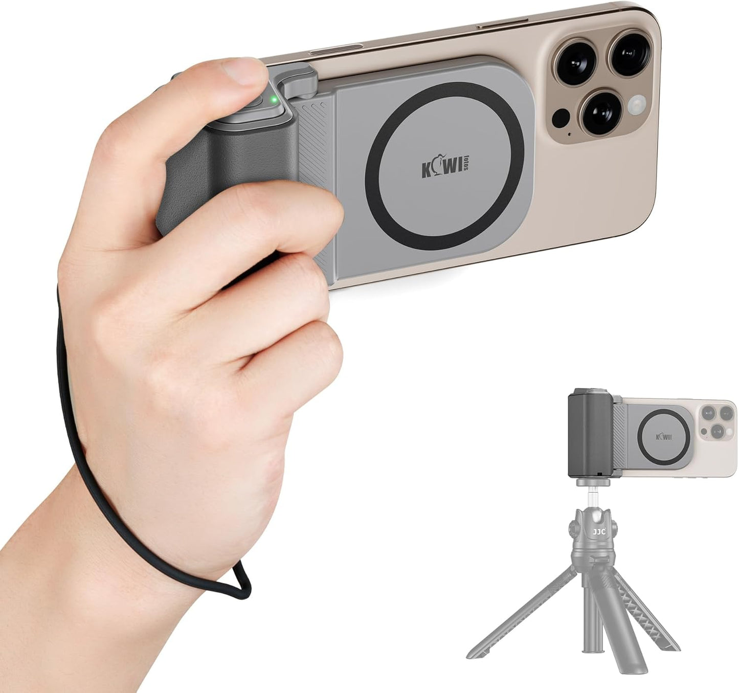 KIWIFOTOS for Magsafe Phone Camera Grip Magnetic Phone Tripod Handle with Bluetooth Remote & Tripod Mount Adapter for iPhone 16 Pro Max Samsung Smartphone Vlog Video Shooting (Gray)