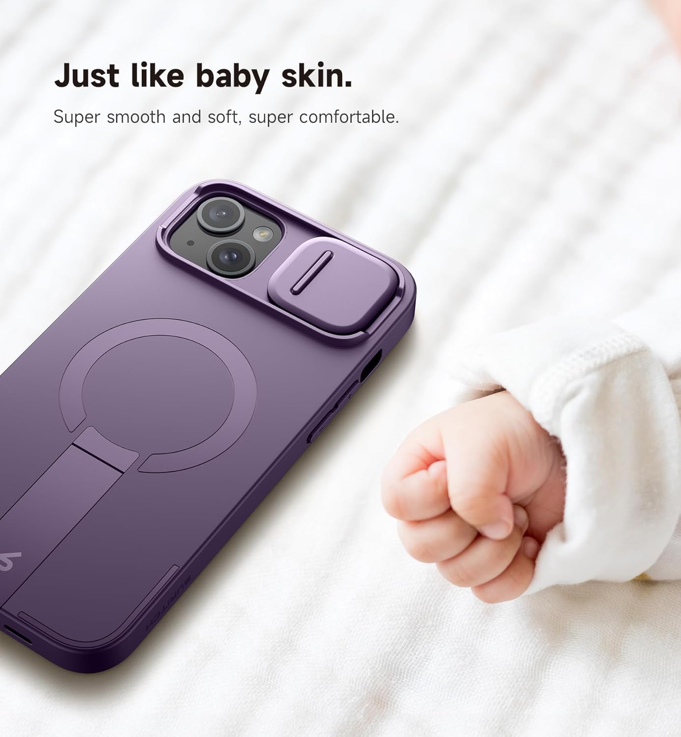 SURITCH for iPhone 14 Plus/15 Plus Case with Magnetic Camera Slide Cover and Adjustable Kickstand, Compatible with MagSafe, Shockproof Bumper Case Slim Protective Cover 6.7 Inch, Dark Purple