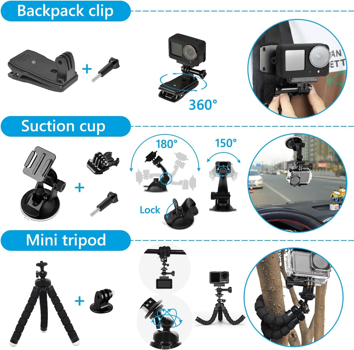 Accessories Kit for DJI Osmo Action 5 Pro/4/3 Black, SGIP Waterproof Protective Cover Housing Bike Mount Selfie Stick, Accessory Set