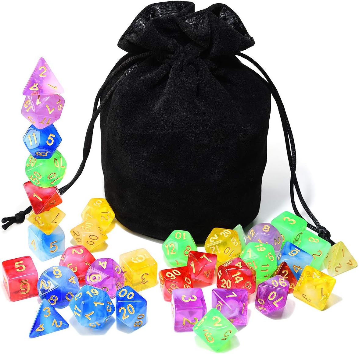 Assorted 5 Colors Polyhedral Dice Set Translucent with Black Drawstring Bag Great for Dungeons and Dragons DND RPG MTG Table Games
