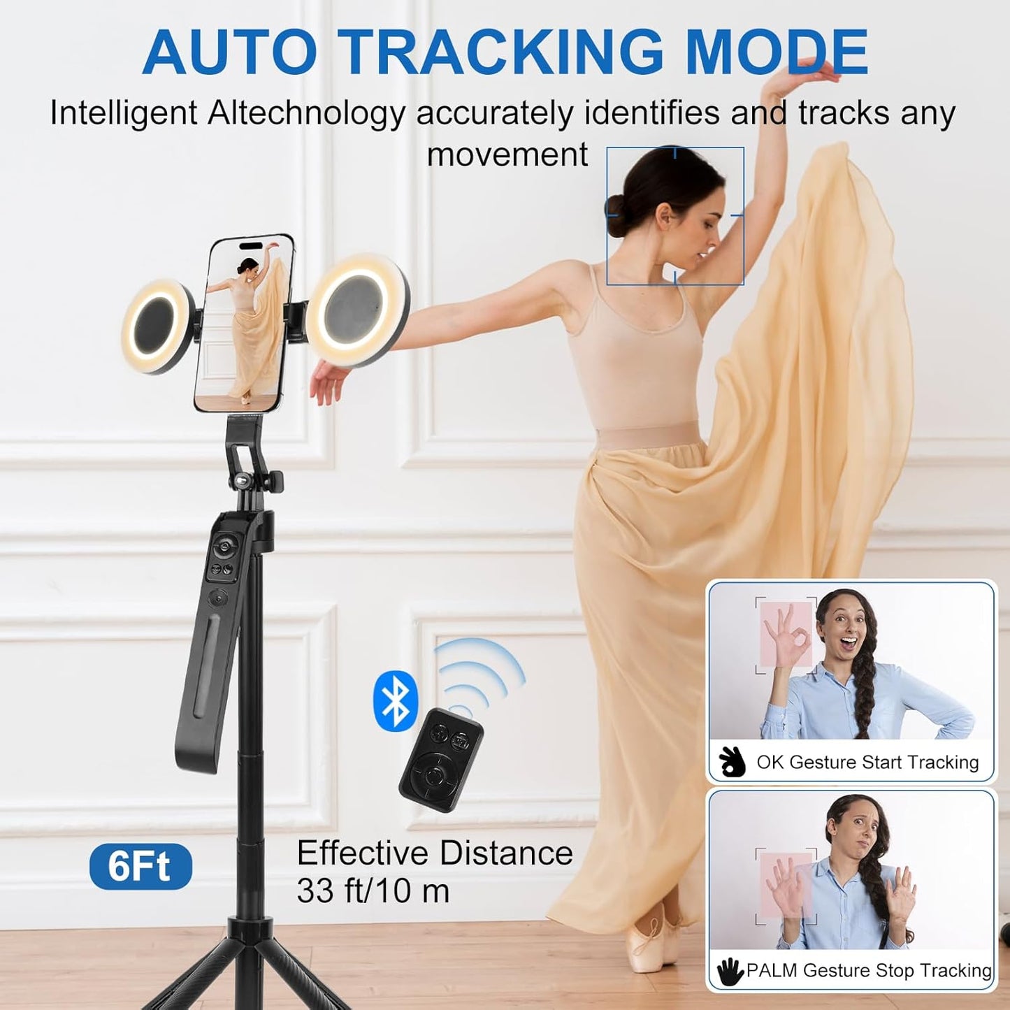 70.9" Auto Face Tracking Tripod 360° Rotation with Stand & Light, Phone Camera Holder Stand with Remote & Gesture Control, Extendable Selfie Stick for GoPro/Travel/Vlog/Video/Tiktok/Live Streaming