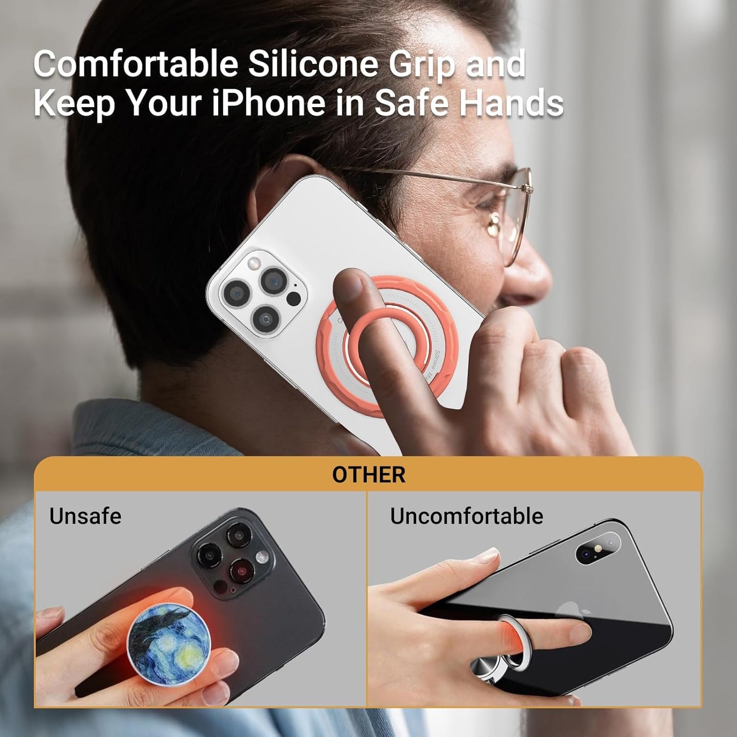 OPSO Magnetic Phone Ring Holder for MagSafe, 360 Degree Rotation Silicone Finger Ring Grip Stand Holder, Adjustable Kickstand, Compatible with iPhone 16 15 14 13 12/Pro/Max, Samsung and All Smartphone