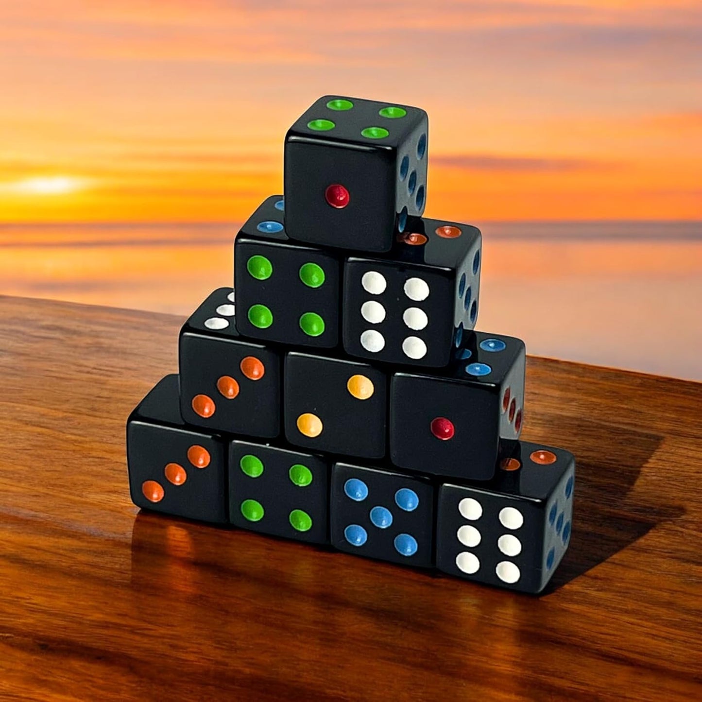 Luck Lab 10 Piece D6 Multicolor Pip Dice Pack - Acrylic 16mm Square Edge Standard Dice for RPG MTG DND Table Games and Board Games, Storage Bag Included (Black Multicolor)