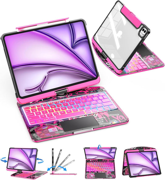 SIEBITU Clear Wireless Keyboard Case for iPad Air 13-inch (M3 2025/M2 2024) & iPad Pro 12.9-inch 6th 5th 4th 3rd Gen with Pencil Holder, Multi-Touch Trackpad & 7-Color Backlit, 360°Rotating, Pink