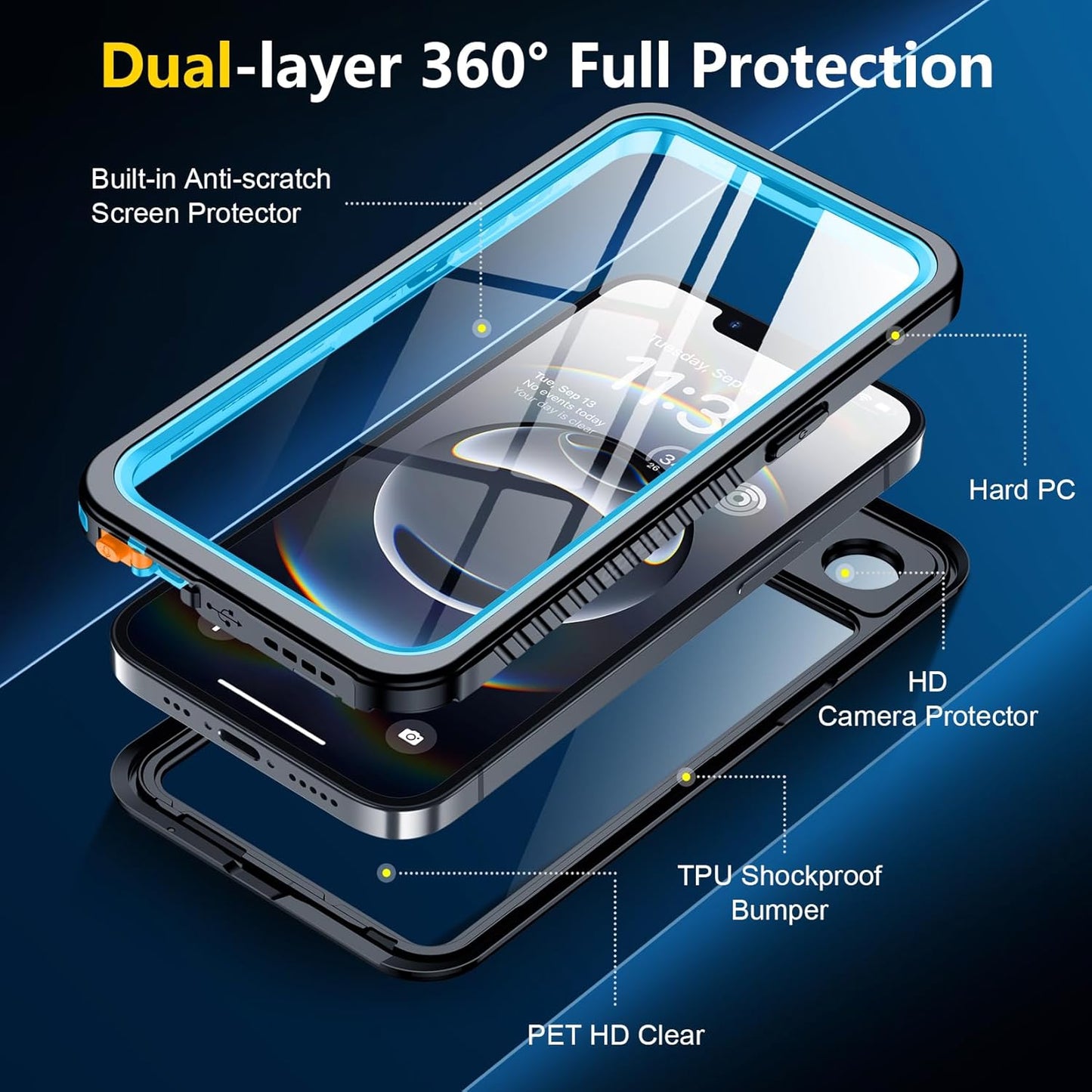 SPIDERCASE for iPhone 16e Case Waterproof,Built-in Screen & Camera Lens Protector[IP68 Underwater] [Military Grade Shockproof] Cell Phone Home Button Stickers, Blue/Clear