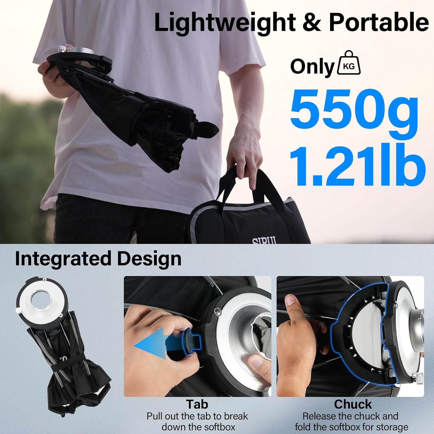 SIRUI 15.7"/40cm Mini Quick Set-Up Foldable Softbox, Quick Release with Diffuser Grid Bad for Video Continuous Lighting Compatible with C150X Series, QR40