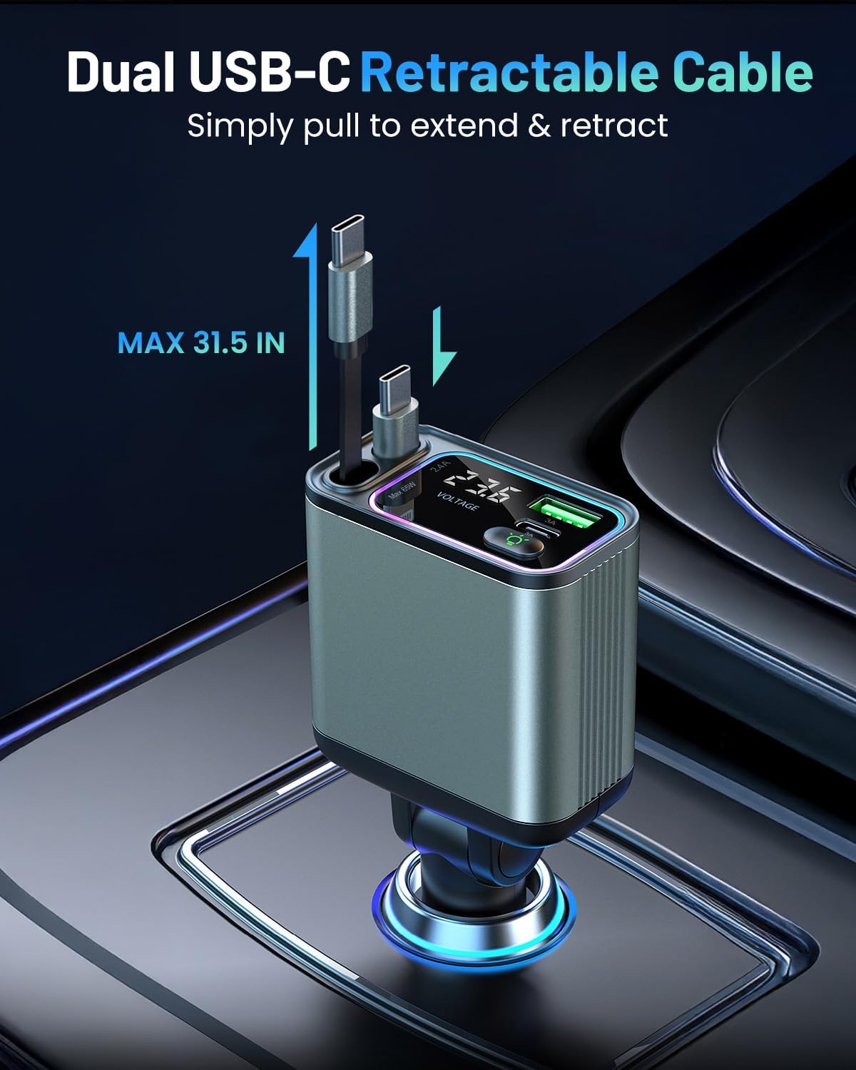 4 in 1 Retractable Car Charger with RGB Light, 92W Fast Charging Dual USB C Car Adapter, Compact Car Phone Charger for iPhone/Galaxy/Pixel, Road Trip Essentials (Dual Type C Cable)