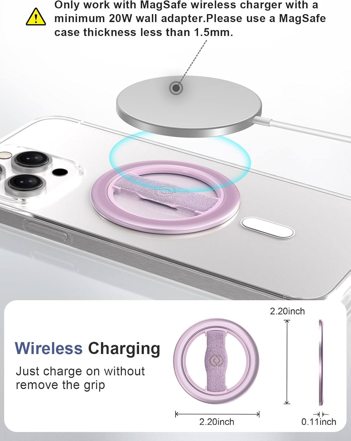 EWA MagOne Lite 3rd Gen Cell Phone Ring Holder, with Replaceable 360° Rotation Elastic Finger Strap, Phone Grip Compatible with,15,14,13 Pro/Max/Plus-(Purple)