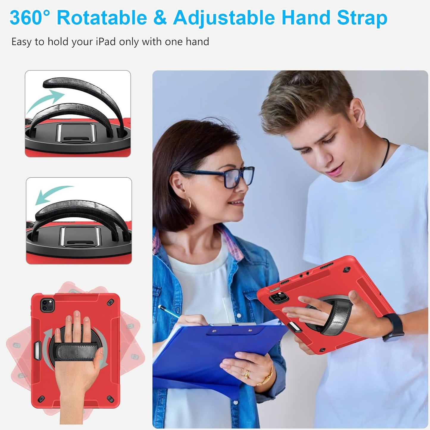 Case for iPad Pro 11 Inch 2022/2021/ 2020/2018: Cover for iPad 11 Inch 4th/ 3rd/ 2nd/ 1st Generation with Screen Protector- Stand- Handle- Shoulder Strap- Pencil Holder Red