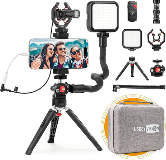 Smartphone Video Vlogging Kit Metal Microphone Light Tiktok YouTube Podcast Equipment for iPhone 15/14/13 Mini/Pro/Max, Android Smartphone (V-Master)