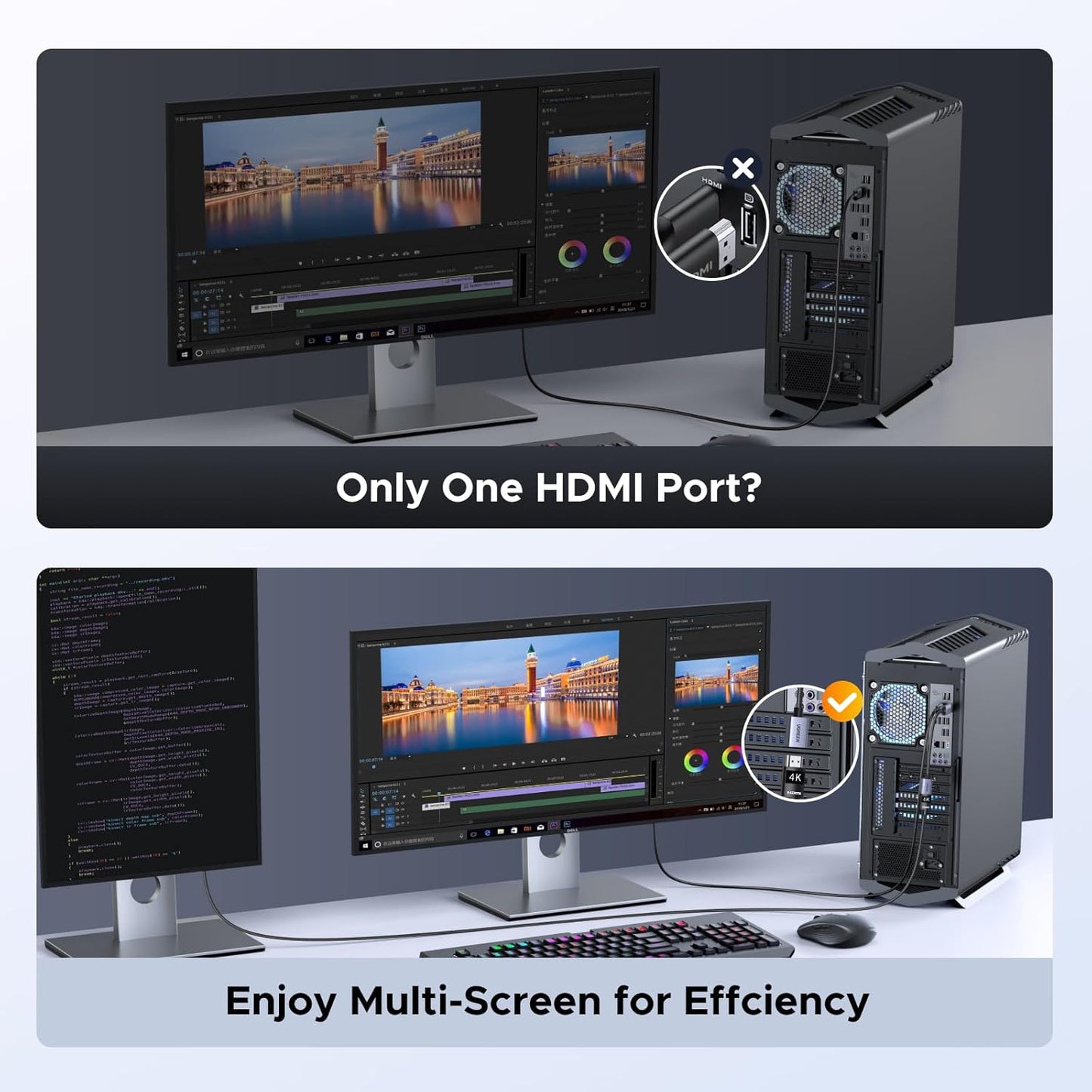 UGREEN 4K DisplayPort to HDMI Adapter, Unidirectional DP 1.2 PC to HDMI 1.4 Converter Braided Cable Male to Female for Desktop, Projector, Monitor, Compatible with AMD, NVIDIA, Passive, 0.66FT