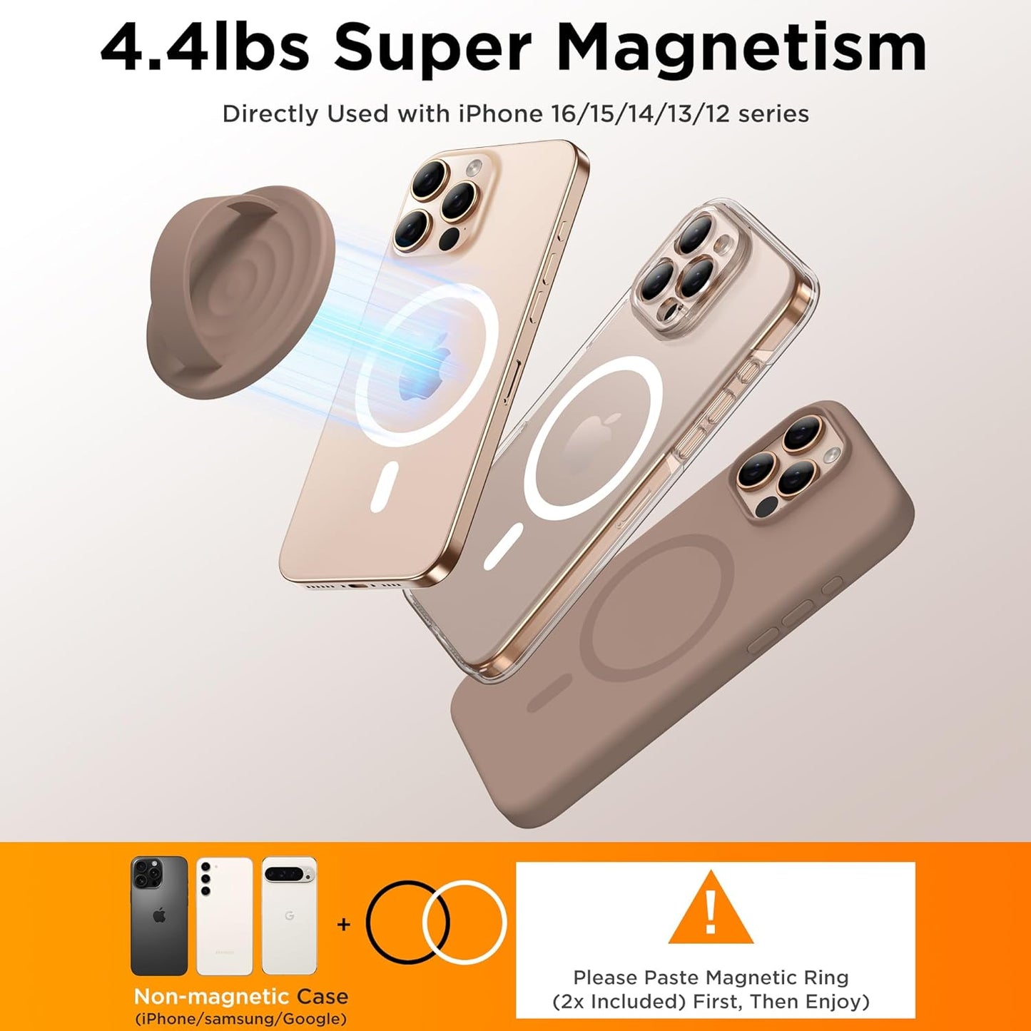 Magnetic Phone Ring Grip Holder, Silicone Finger Loop Grip, Compatible with MasSafe, Back of Phone for iPhone Pro Max/Plus/16/15/15/14/13/12 Series, Light Brown