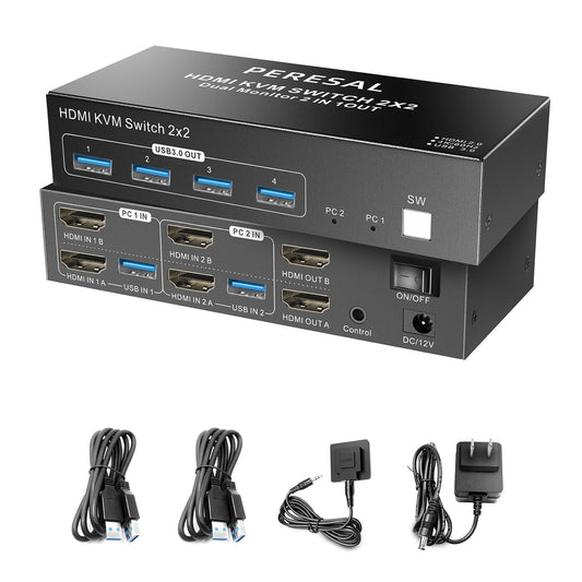 Dual Monitor HDMI KVM Switch, 2 Computers 4K60Hz Dual Monitor KVM Switches for Dual PC or Laptops,4 USB 3.0 Ports Support Extended/Copy Mode with DC 12V Adapter&Wired Controller