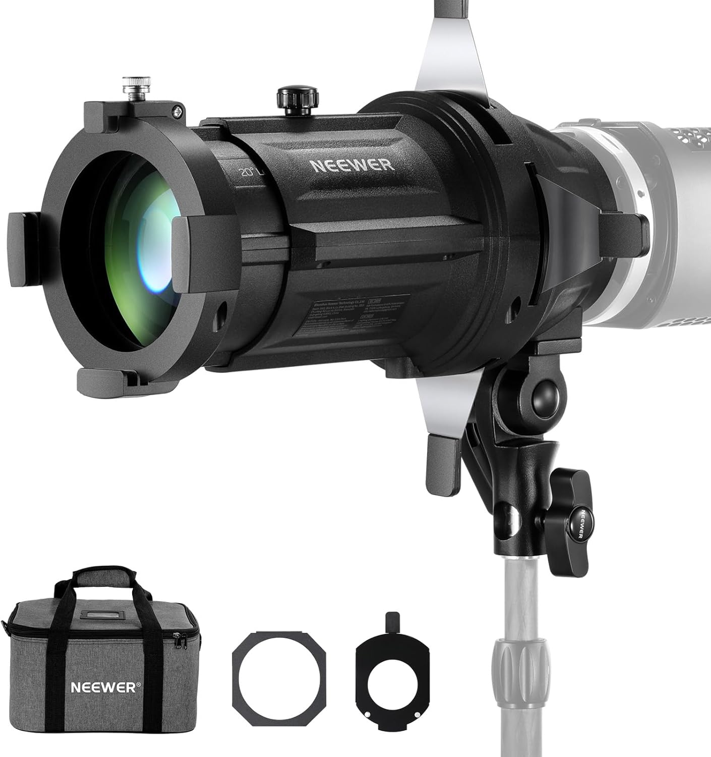 NEEWER Spotlight Snoot Only for NEEWER MS60B, MS60C, MS150B, MS150C LED Video Light, Conical Snoot with 20° Projection Lens, Adjustable Focus, 16 Gobos, 5 Color Gels, Bag, LS-48
