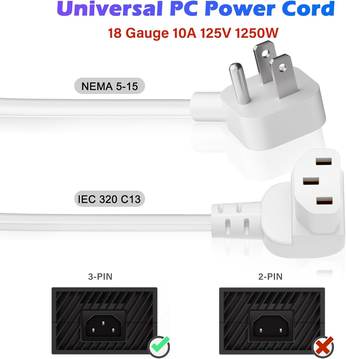 Adoreen 10 Ft Computer TV Replacement Power Cord White, Low Profile Flat Plug to 90 Degree Angled L-Shaped 18AWG 3-Prong AC Universal Power Supply Cable for Printer, PC, Monitor TV LCD, ETL+Ties