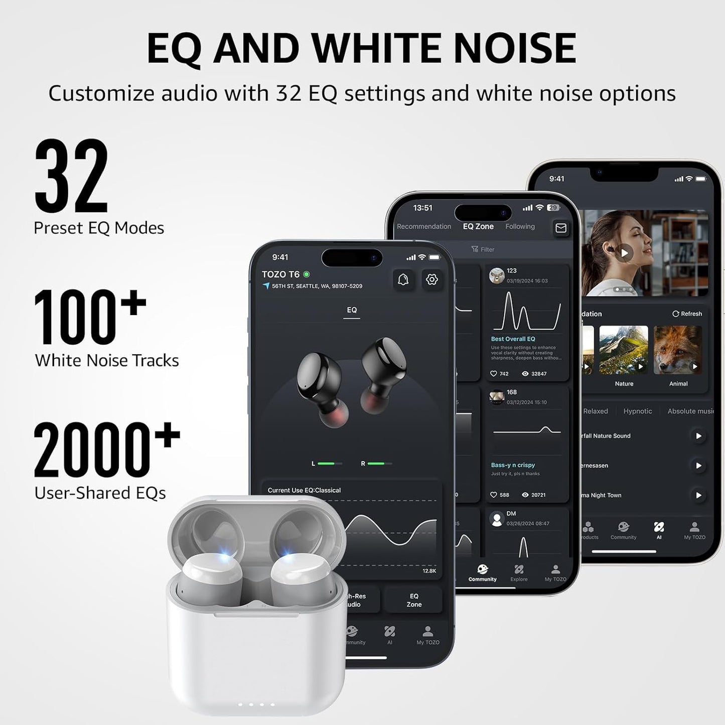 TOZO T6 Wireless Earbuds, Bluetooth 5.3 Ear Buds, Stereo Sound in Ear Headphones, 50 Hours Playtime, Wireless Charging Case, APP Customizable EQs, IPX8 Waterproof Earphones