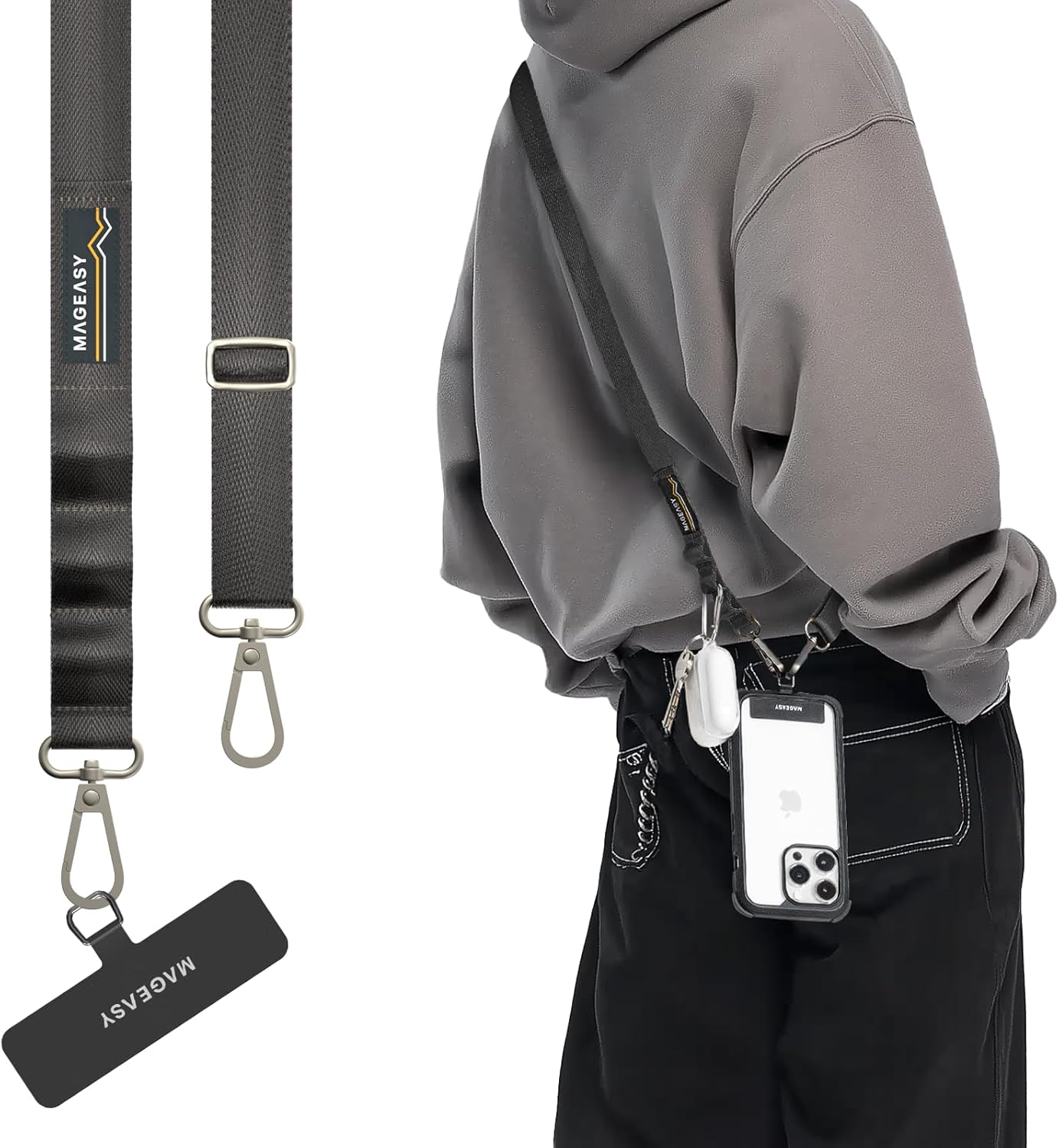 MAGEASY Universal Cell Phone Lanyard Crossbody - Anti-Theft Crossbody Phone Strap for iPhone 16 Pro Max & Most Smartphones, for Men & Women | 20mm (Concrete Gray)