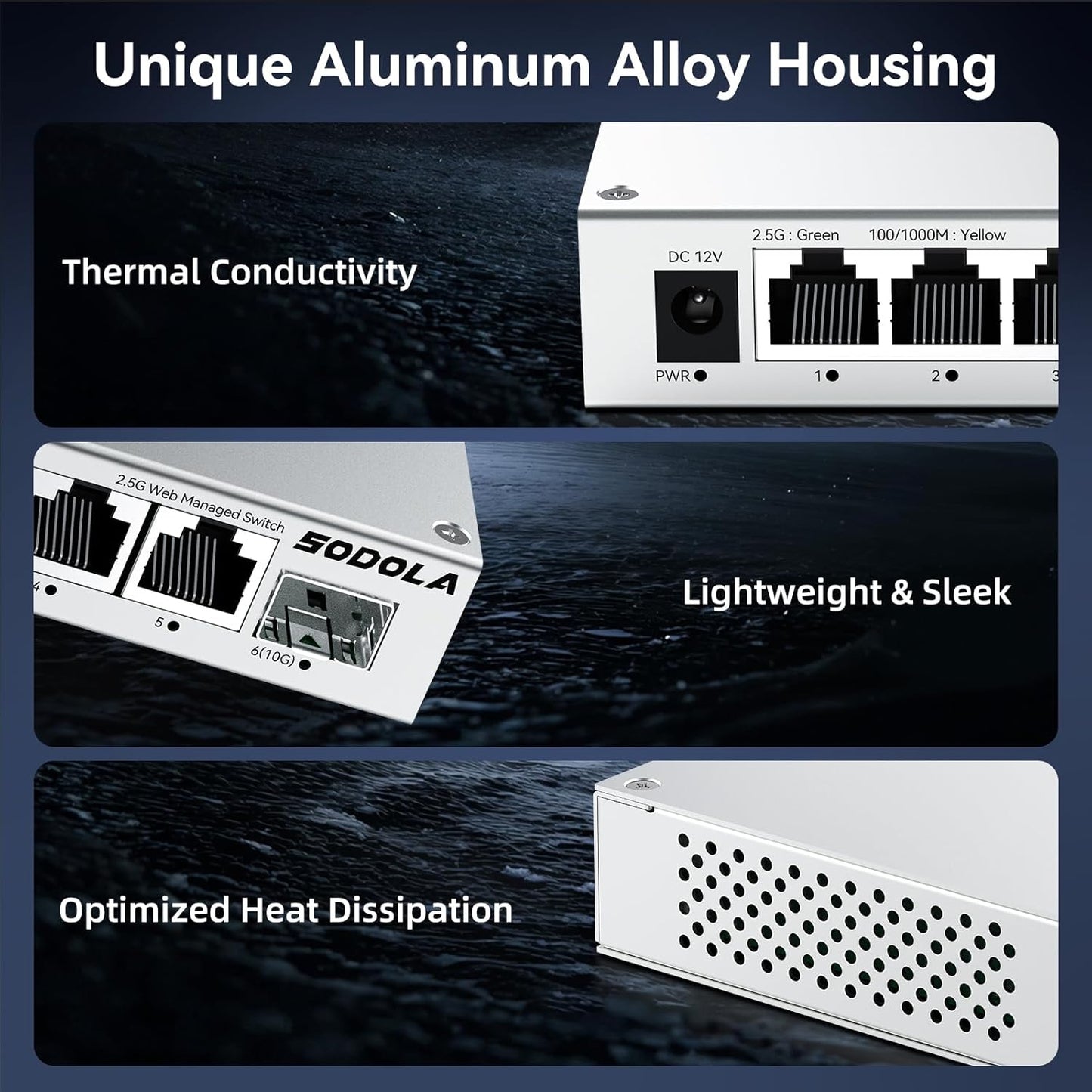 SODOLA 5 Port 2.5Gb Switch Managed, 5X 2.5G Base-T Ports, 1x 10G SFP+,Aluminum Alloy Cooling & Magnetic Mounting - LACP/QoS/VLAN/IGMP Web 2.5G Network Switch for Homelab
