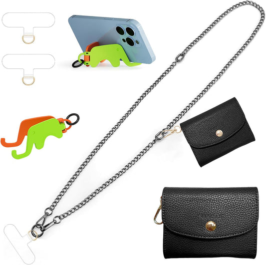 Clip and Go Strap for Phone with Wallet Metal Gun Chain Crossbody Phone Lanyard for Women Adjustable Detachable Wristlet Charm Small Purse Leather Card Holder Zipper with iPhone Stand 2 Patches Black