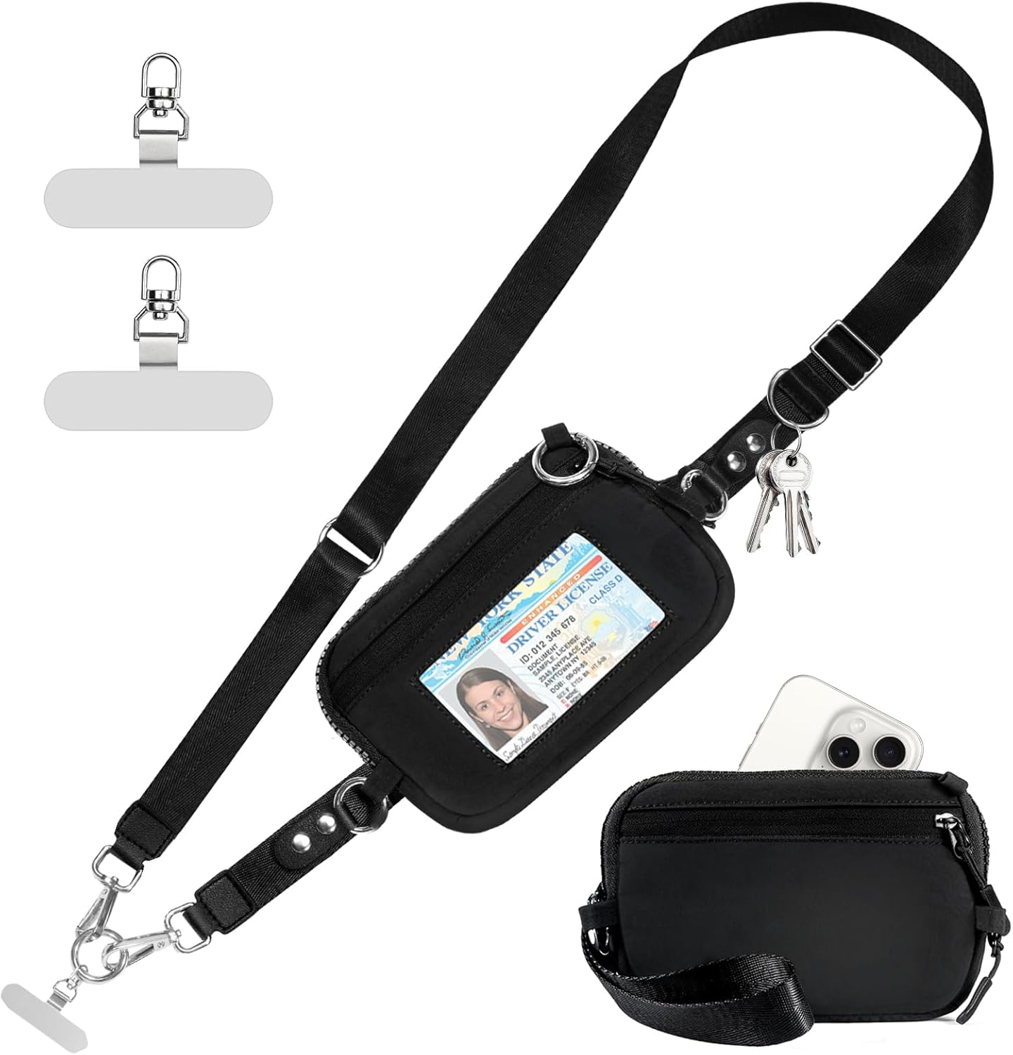 Clip and Go Strap for Phone with Wallet Crossbody Phone Lanyard Adjustable and Detachable RFID Wristlet Wallet with ID Window and Zipper, Black(L)