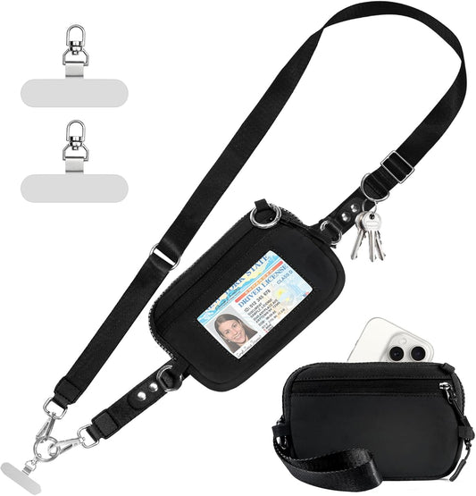 Clip and Go Strap for Phone with Wallet Crossbody Phone Lanyard Adjustable and Detachable RFID Wristlet Wallet with ID Window and Zipper, Black(L)