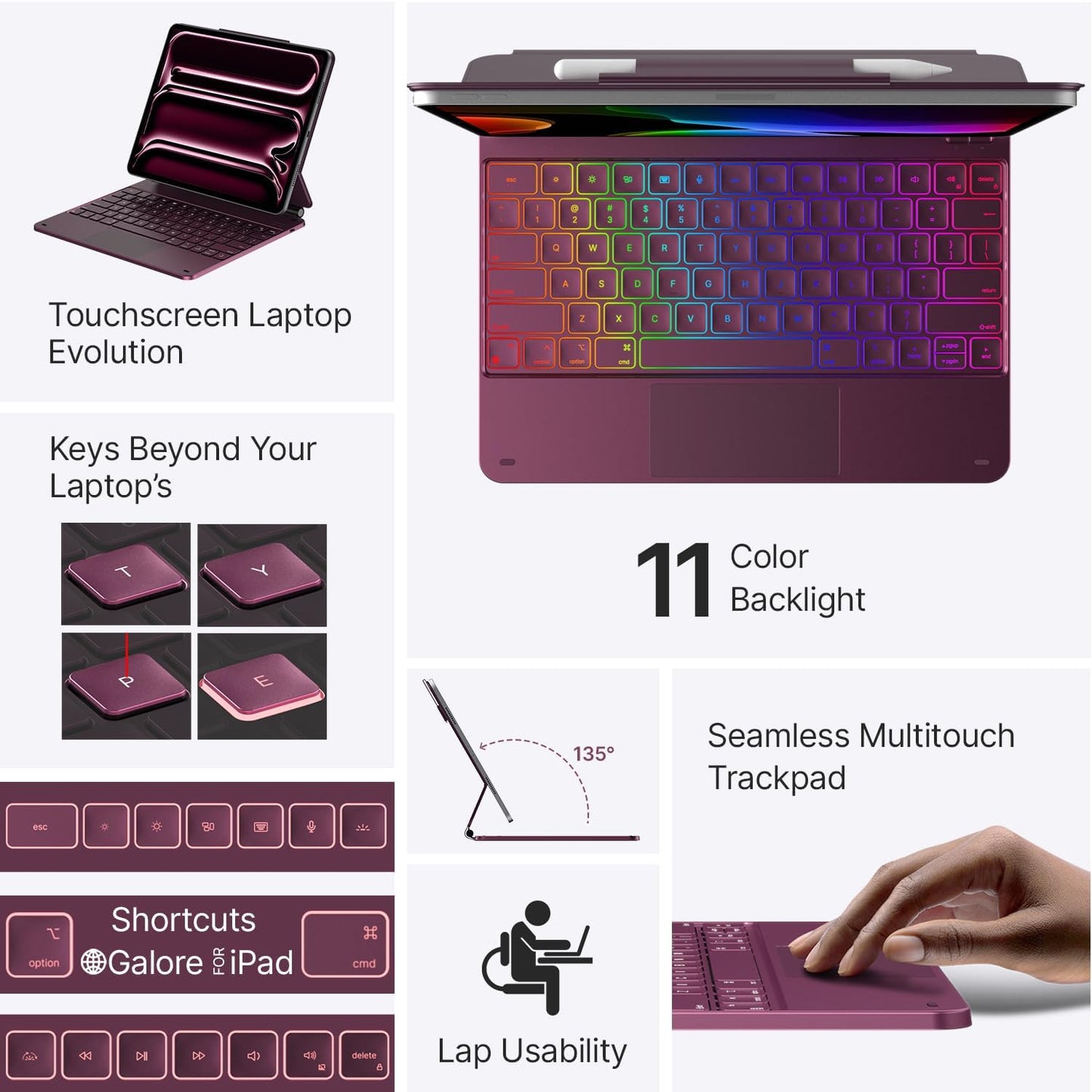 typecase Keyboard Case for iPad Pro 13-inch (M4) 2024,Magic Keyboard with 11 Colors Backlight for iPad Pro 13,Keyboard Case with Pencil Holder,Multi-Touch Trackpad,Easy-Set Magnetic Stand(Raspberry)