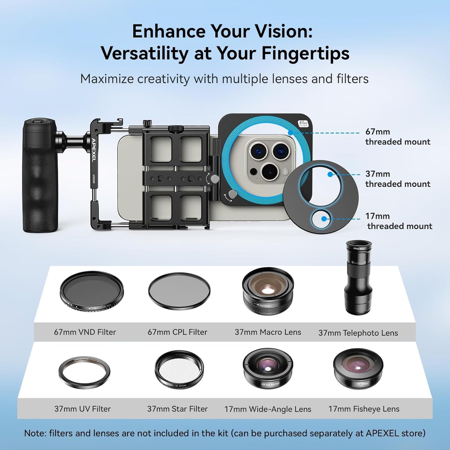 APEXEL Universal Phone Rig Video Kit. Aluminum Handheld Smartphone Vlogging Cage with Rechargeable Handle Wireless Bluetooth Shutter, Phone Stabilizer for Videomaker Compatible with iPhone/Android.