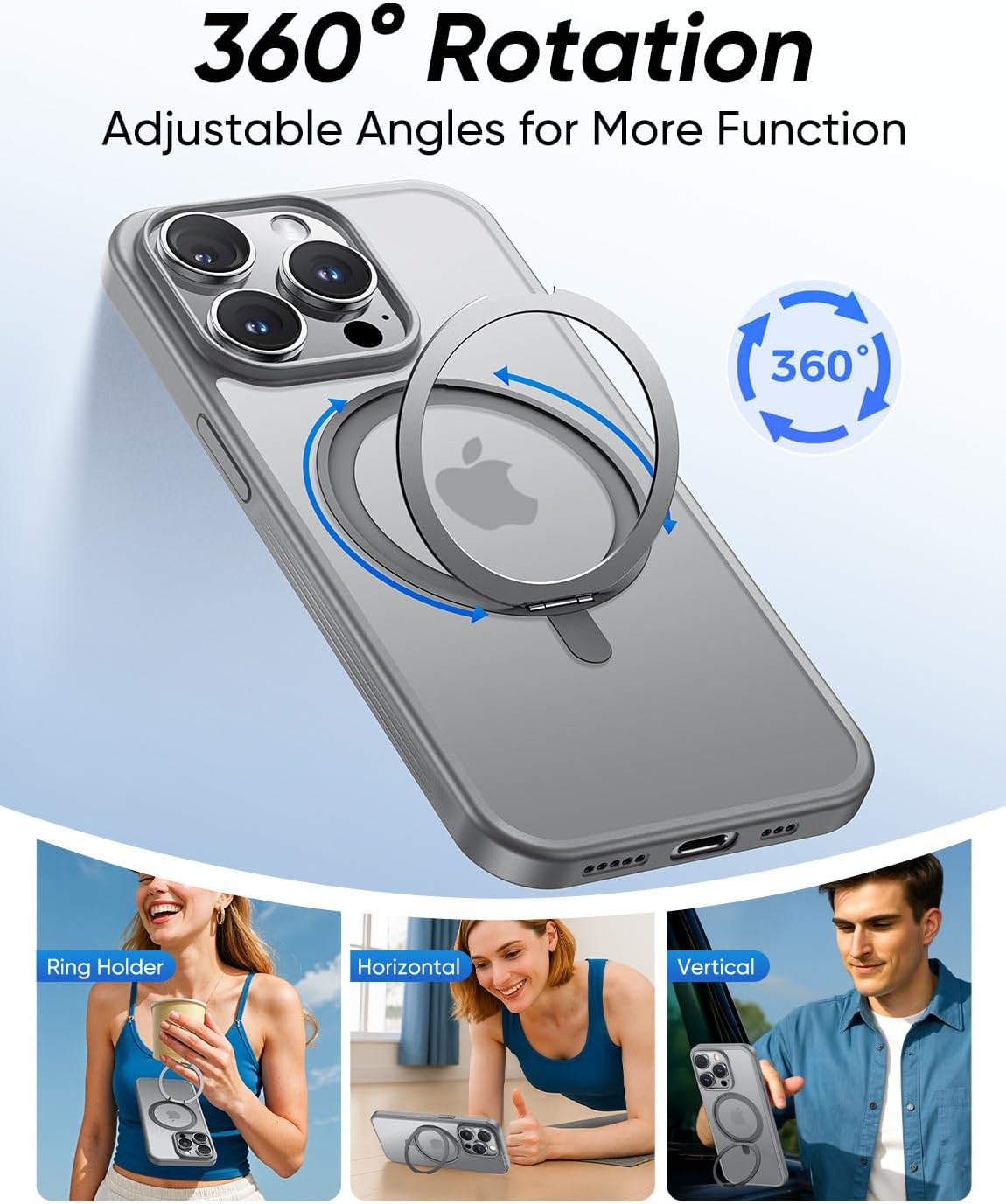 MAGIC JOHN 360° Rotatable Magnetic Invisible Stand for iPhone 15 Pro Max Case [Anti-Slip Grip] [Compatible with MagSafe] 16FT Shockproof for iPhone 15 Pro Max Case with Kickstand, Gray