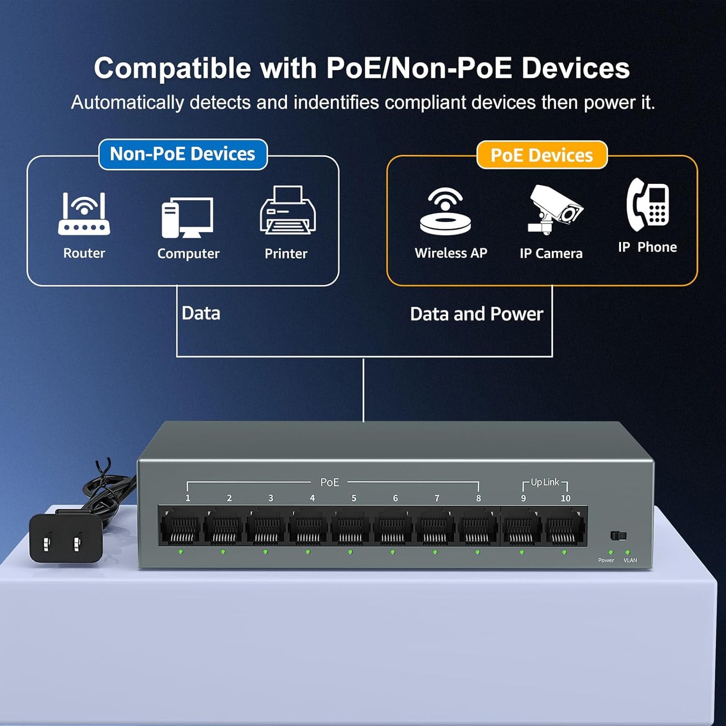 YuanLey 8 Port Gigabit PoE Switch with 2 Gigabit Uplink, 8 Port PoE+ 1000Mbps, 85W 802.3af/at, Extend Function, Metal, Fanless, AI WatchDog, Unmanaged Plug and Play Smart Detection Ethernet Switch