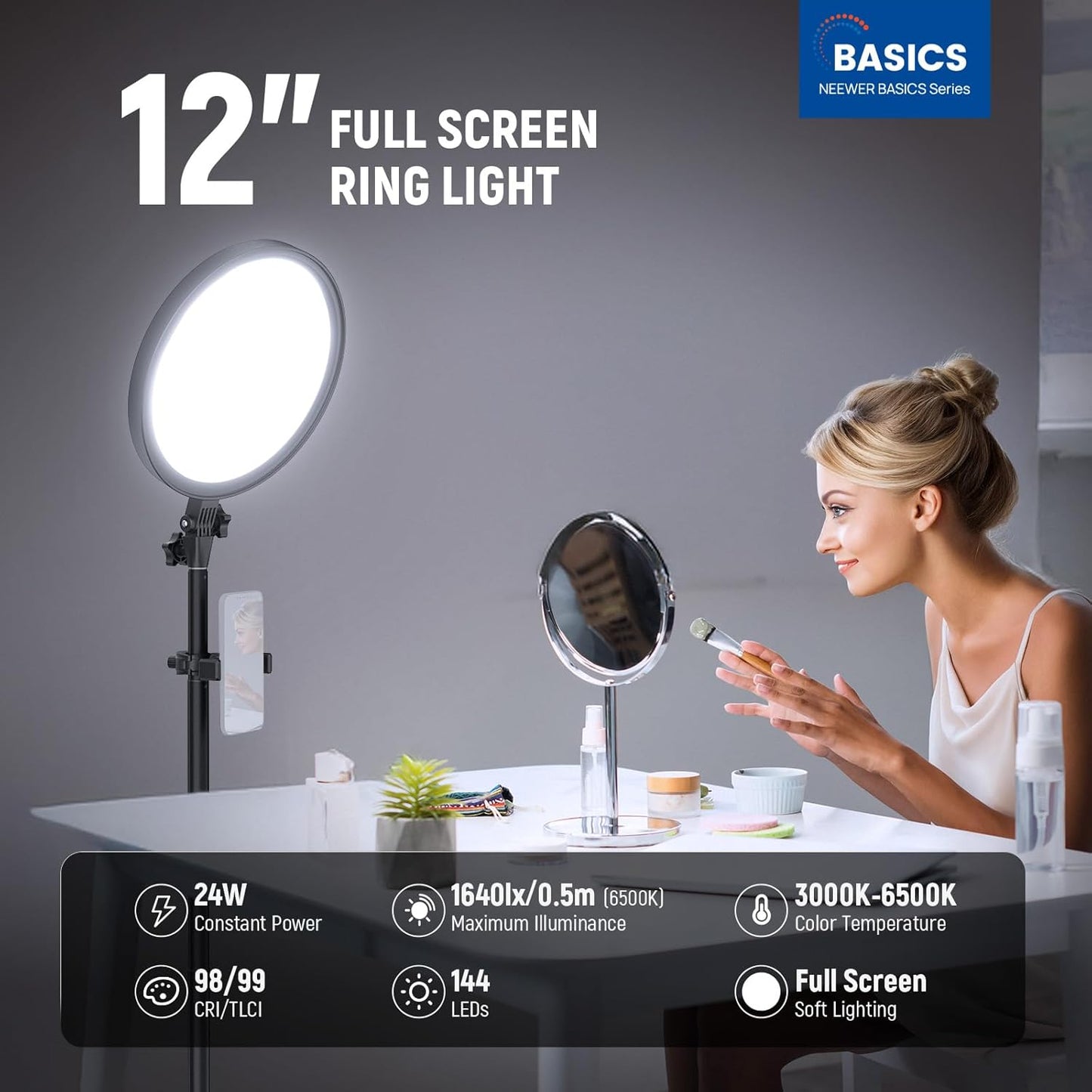 NEEWER Basics 12" 24W Large Ring Light with 68" Stand/Phone Holder/Remote for iPhone Video Recording Selfie Streaming Makeup Studio Photography, 3000K-6500K CRI98 Full Screen LED Panel Lighting, BR13