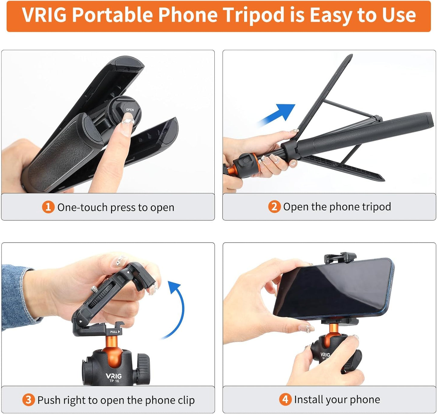 VRIG TP16 Camera Tripod, 55 inch Extendable Phone Selfie Stick Camera Tripod Stand with 2 in 1 Phone Clip, 5 Levels Adjustment 360° Ball Head Loads Up for Pocket 3 Insta360 X5 iPhone Sony Canon