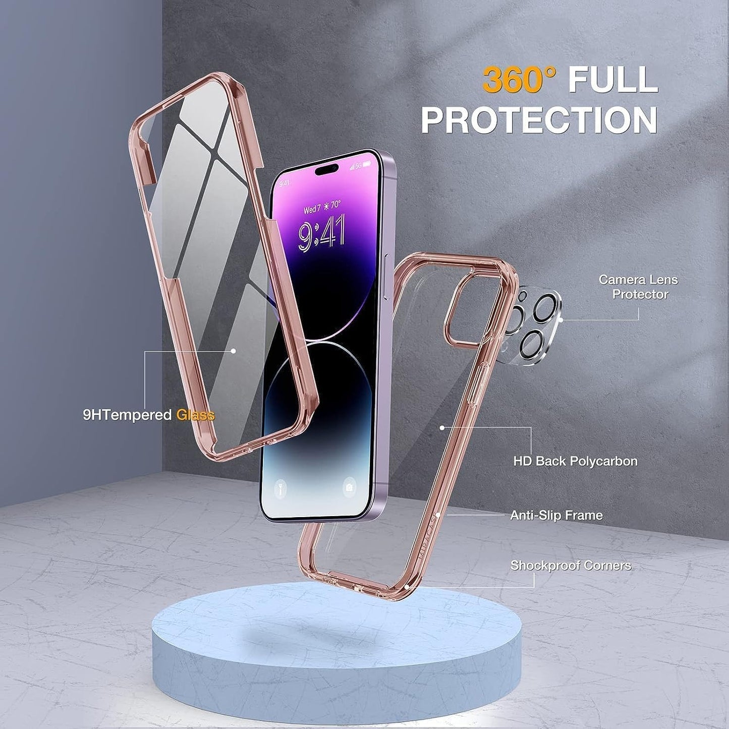 Miracase Glass Series Designed for iPhone 14 Pro Case 6.1 Inch, Upgrade Full-Body Bumper Case with Built-in 9H Tempered Glass Screen Protector, with Camera Lens Protector, Clear Pink