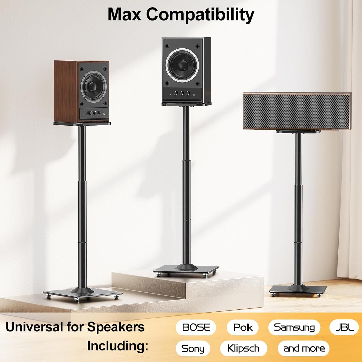 ELIVED Universal Speaker Stands Height Adjustable 28"-37.4", Bookshelf Speaker Stand Pair for Satellite Studio Large Speakers Up to 22 lbs, Surround Sound Speaker Stand with Cable Management, Black