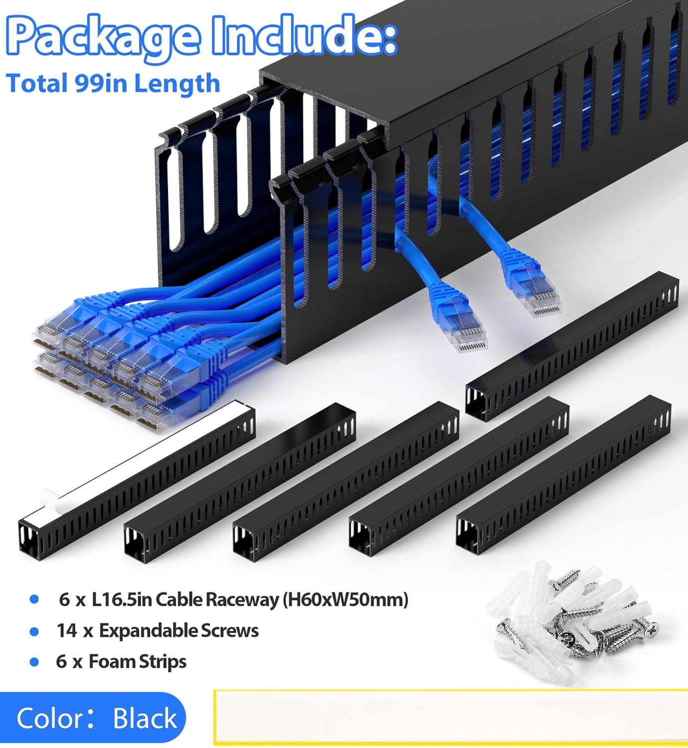 99in (6x L16.5in) Professional Server Rack Cable Management Raceway, H2.4in x W2in Large Capacity Cable Raceway Kit, Electrically Safe PVC, Open Slot Wire Raceway for Under Desk/Computer/Network Cords