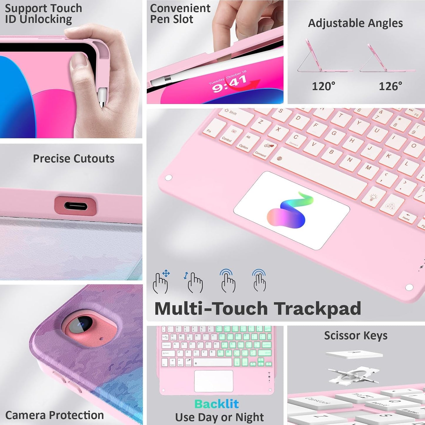 MoKo Touch Keyboard Case for iPad (A16) 11th Generation 11 inch 2025, iPad 10th Generation 10.9 inch Case with Pencil Holder, 7 Colors Backlit Multi-TrackPad Detachable Bluetooth Keyboard, Pink Marble
