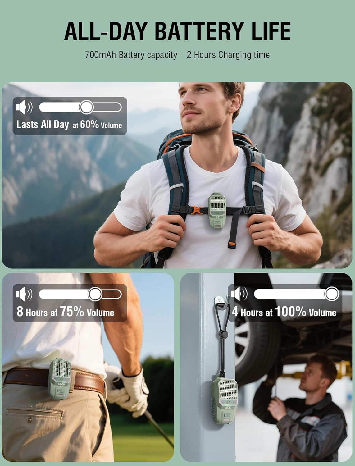 GBEAST Wearable Bluetooth Speaker with RGB/Flashlight, IPX6 Waterproof Clip-On Portable Speaker with 30H Playtime - Built-in Mic Hands-Free for Jobsite/Outdoor/Golf, TWS Portable Speakers (Green)